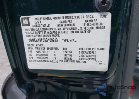 2003 Chevrolet Avalanche 1500 from USA, damaged, VIN 3GNEK13T03G169213